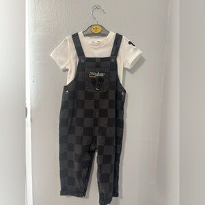 Two piece set. White t-shirt and black checkered overalls